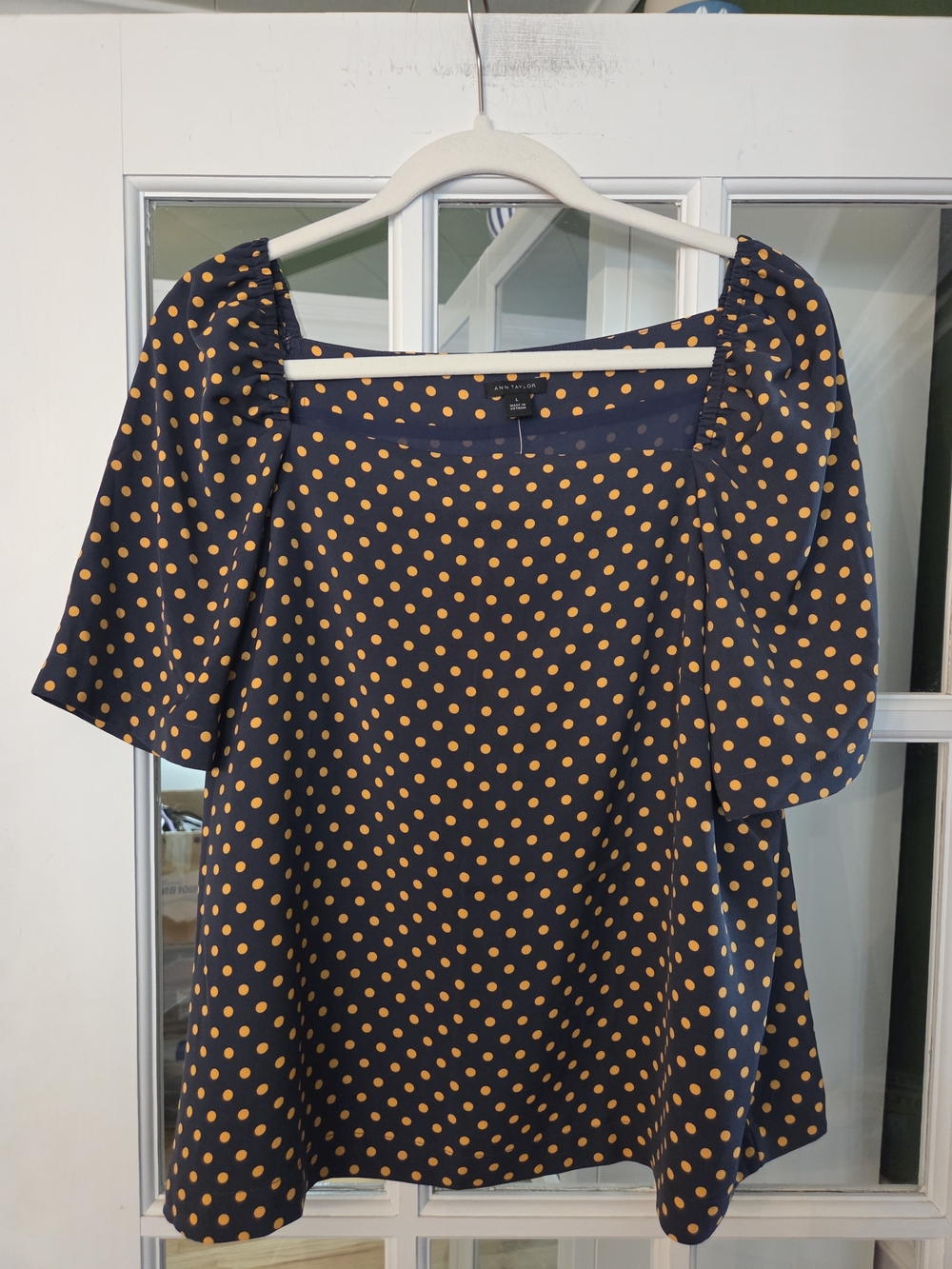 Ann Taylor Gray Top with Mustard Polka Dots - Size L